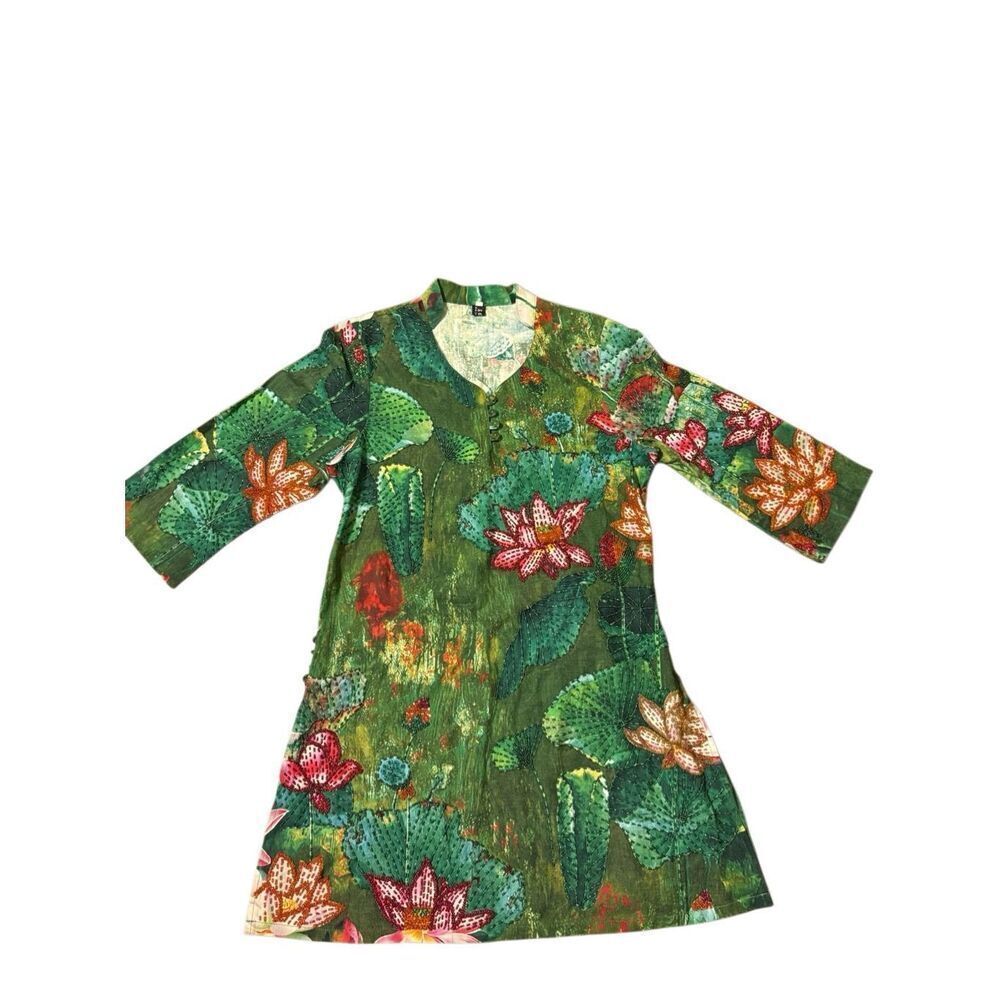 Asian inspired Kurta tunic lotus flower beaded L XL Ming Juan Tang